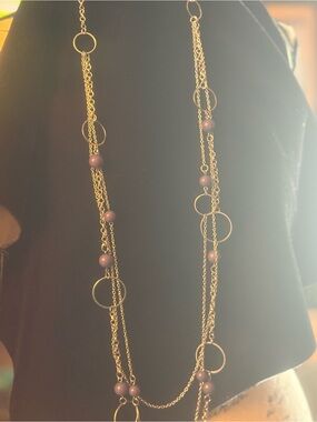 Elegant Long Silver tone Chain Necklace with Purple Beads
